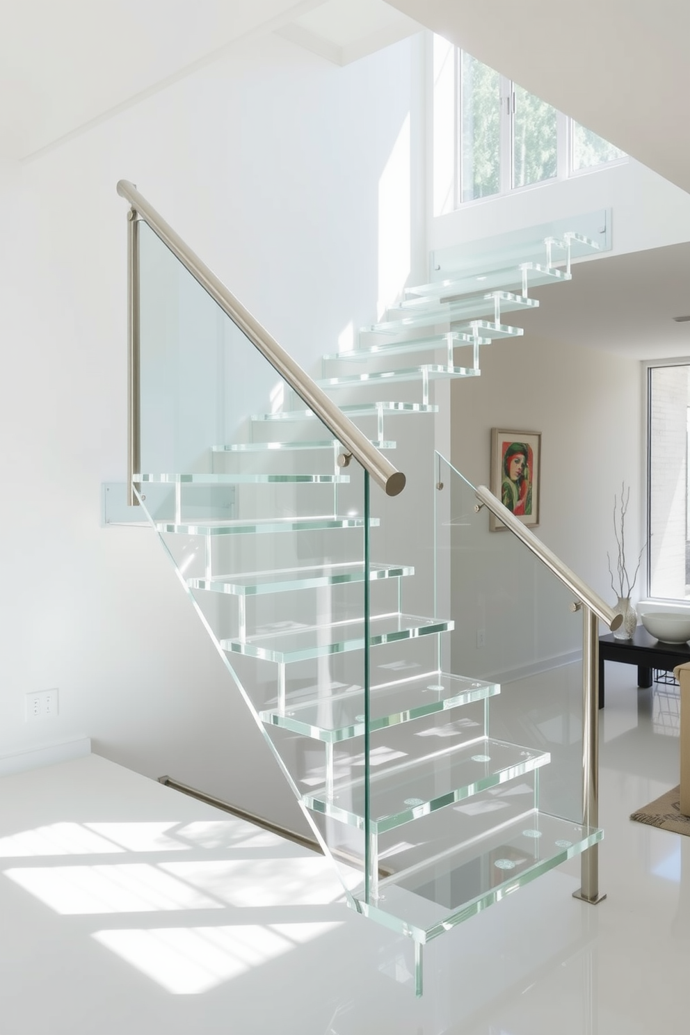 A stunning translucent staircase features sleek acrylic steps that appear to float effortlessly. The surrounding space is illuminated by natural light, creating a modern and airy atmosphere. The handrail is crafted from polished stainless steel, adding a touch of elegance to the contemporary design. The staircase seamlessly integrates with the minimalist decor of the home, enhancing the overall aesthetic.