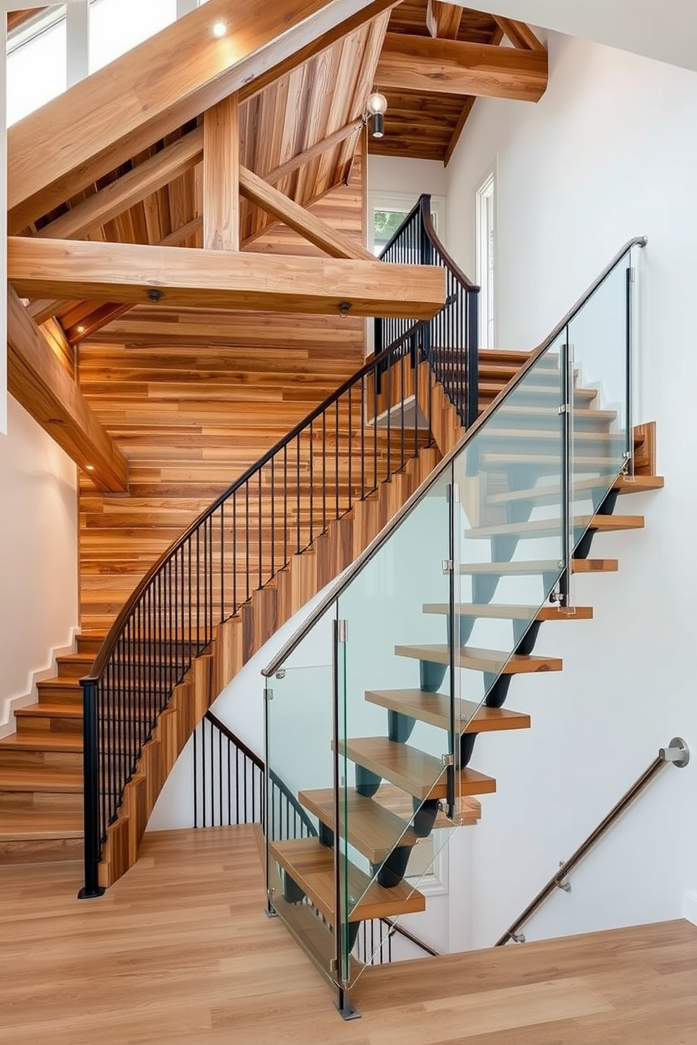 A contemporary staircase featuring translucent acrylic steps that create a sense of lightness and modernity. The staircase is framed by sleek metal railings and set against a backdrop of minimalist white walls, enhancing the airy atmosphere.