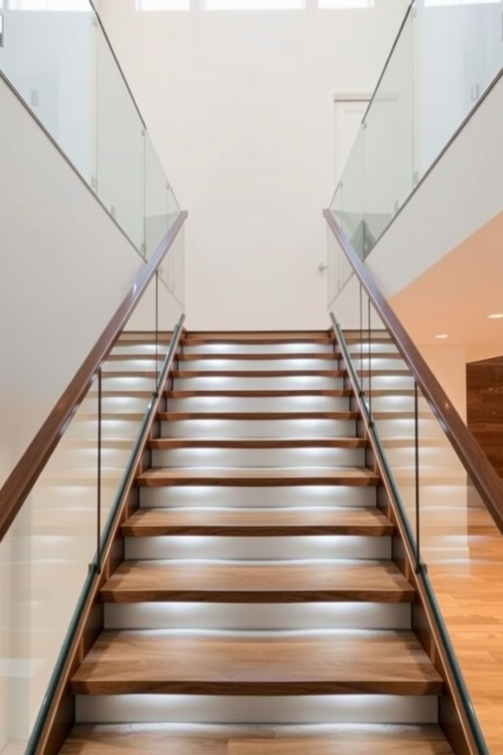 A contemporary staircase design featuring integrated planters that bring a touch of greenery to the space. The stairs are made of sleek wood with a minimalist railing, and lush plants are strategically placed in built-in planters along the sides.