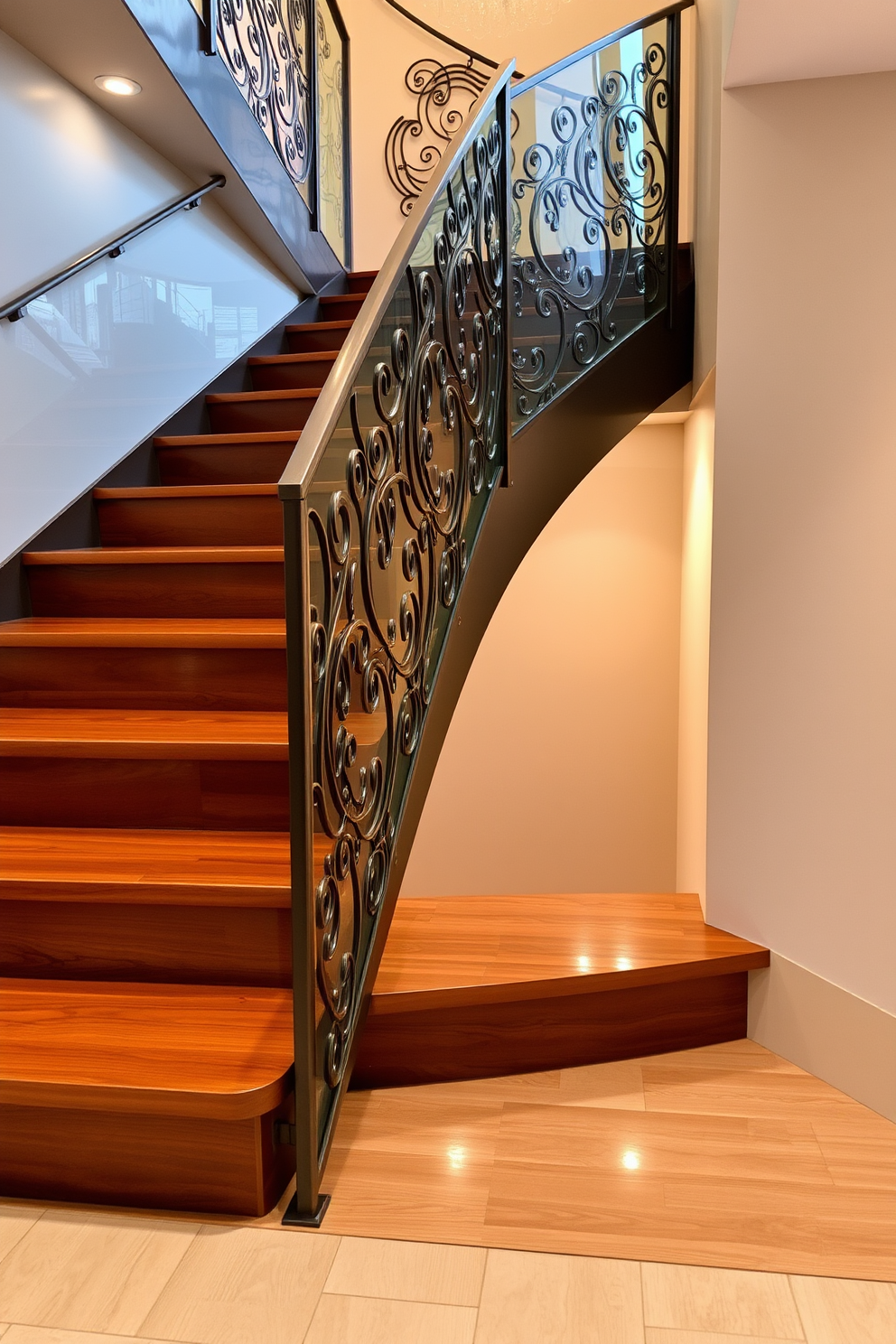 A stunning staircase featuring intricate artistic metalwork that serves as a focal point in the space. The steps are made of rich hardwood, complemented by a sleek glass railing that enhances the modern aesthetic. The metalwork showcases a unique pattern that flows gracefully alongside the staircase, adding an element of sophistication. Soft ambient lighting highlights the design, creating a warm and inviting atmosphere.