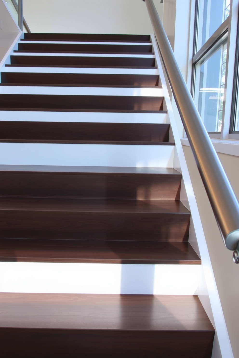 A contemporary staircase featuring a sleek wooden frame and a stylish patterned carpet runner that adds warmth and character. The walls are adorned with minimalist artwork, and large windows allow natural light to flood the space, highlighting the elegant design.