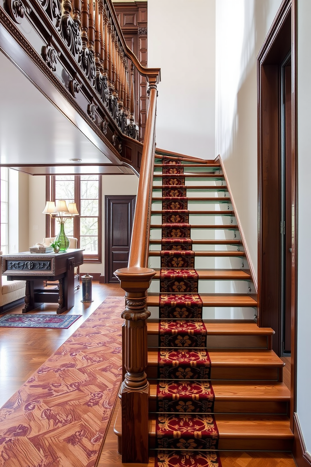 Elegant staircase with ornate balusters. The staircase features a rich wooden finish with intricate carvings and a polished handrail that complements the elegant design. Surrounding the staircase are large windows that allow natural light to flood the space. The walls are adorned with tasteful artwork, enhancing the contemporary aesthetic of the staircase design.