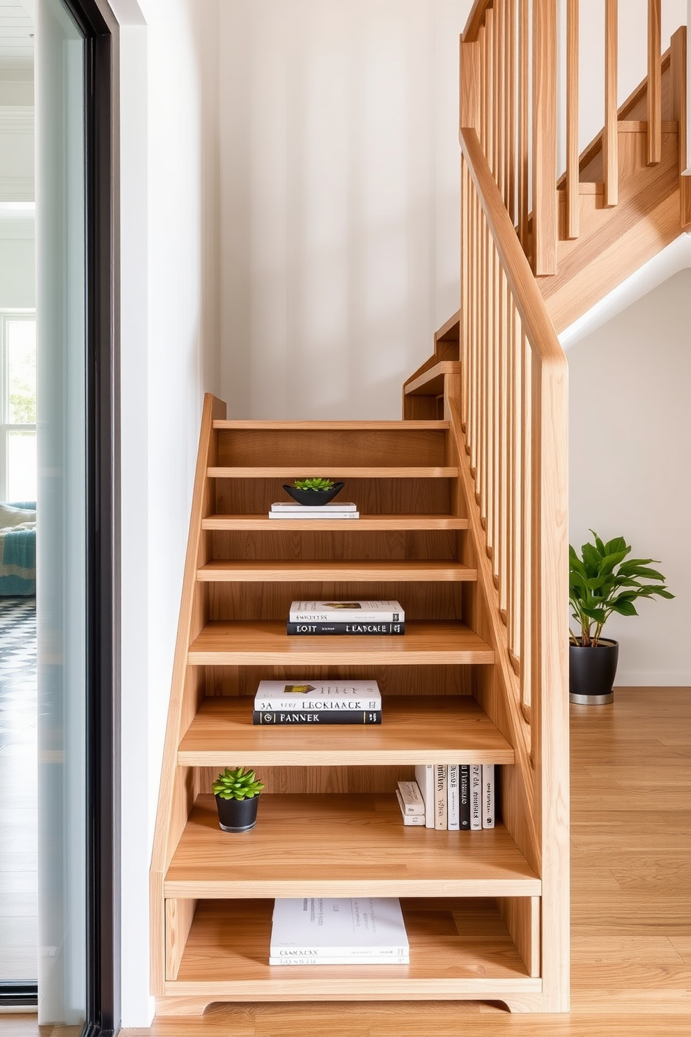 A contemporary staircase featuring sleek open storage solutions beneath each step. The staircase is crafted from light wood with a minimalist railing, and the open shelves are styled with decorative books and plants.