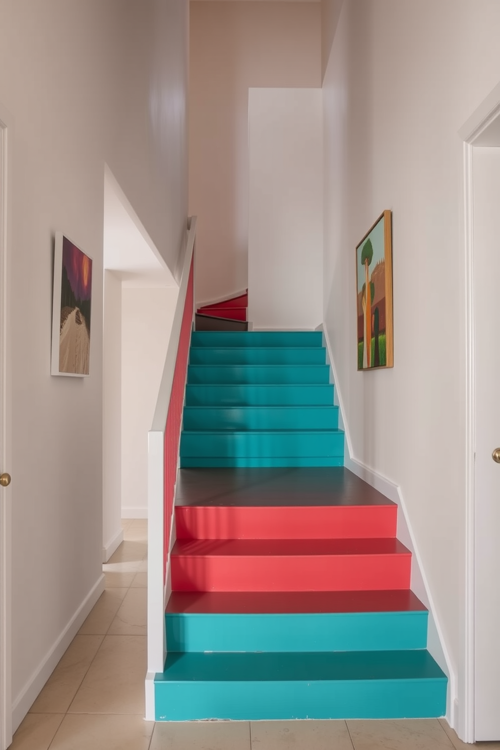 A bold colored staircase serves as a striking focal point in the entryway. The steps are painted in a vibrant hue, contrasting beautifully with the sleek, minimalist railing. The walls adjacent to the staircase are adorned with artwork that complements the staircase's color. Soft lighting highlights the unique design, creating an inviting atmosphere.