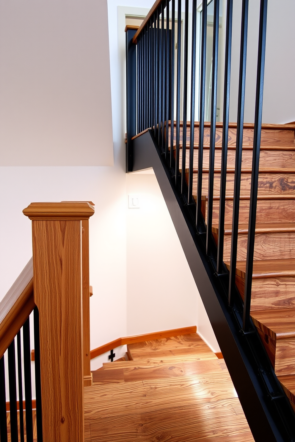 A stunning staircase featuring a blend of wood and metal elements. The handrail is crafted from polished oak, while the balusters are sleek black steel, creating a striking contrast. The treads are wide and made of reclaimed wood, adding warmth to the modern design. Below, the staircase is illuminated by recessed lighting, highlighting the unique textures and inviting atmosphere.