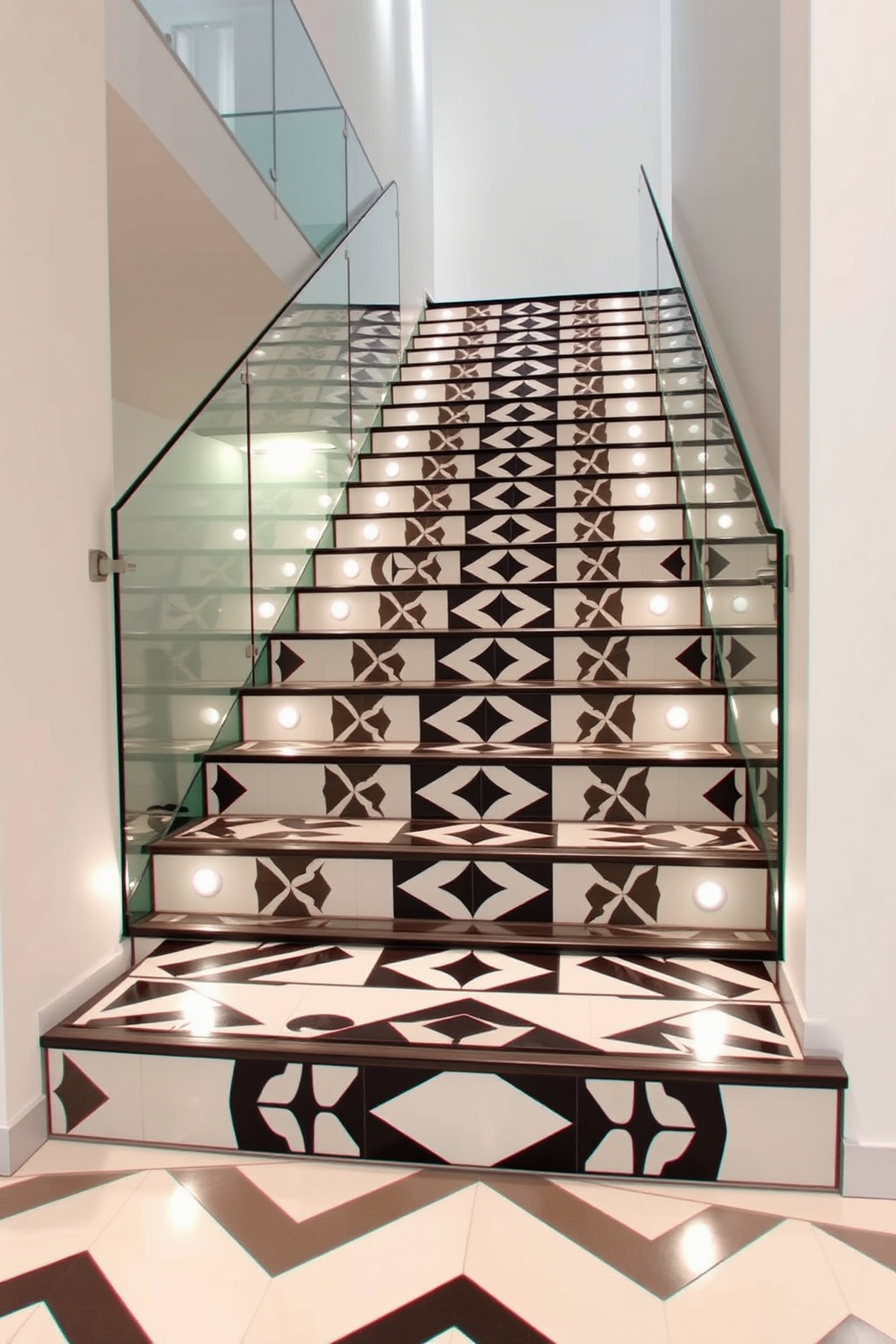 A striking monochrome patterned tile staircase features bold geometric designs that create visual interest. The staircase is framed by sleek glass railings, allowing light to flow through the space and highlight the intricate tile work. The surrounding walls are painted in a crisp white, enhancing the modern aesthetic of the staircase. Soft, recessed lighting illuminates the steps, adding a warm ambiance to the contemporary design.