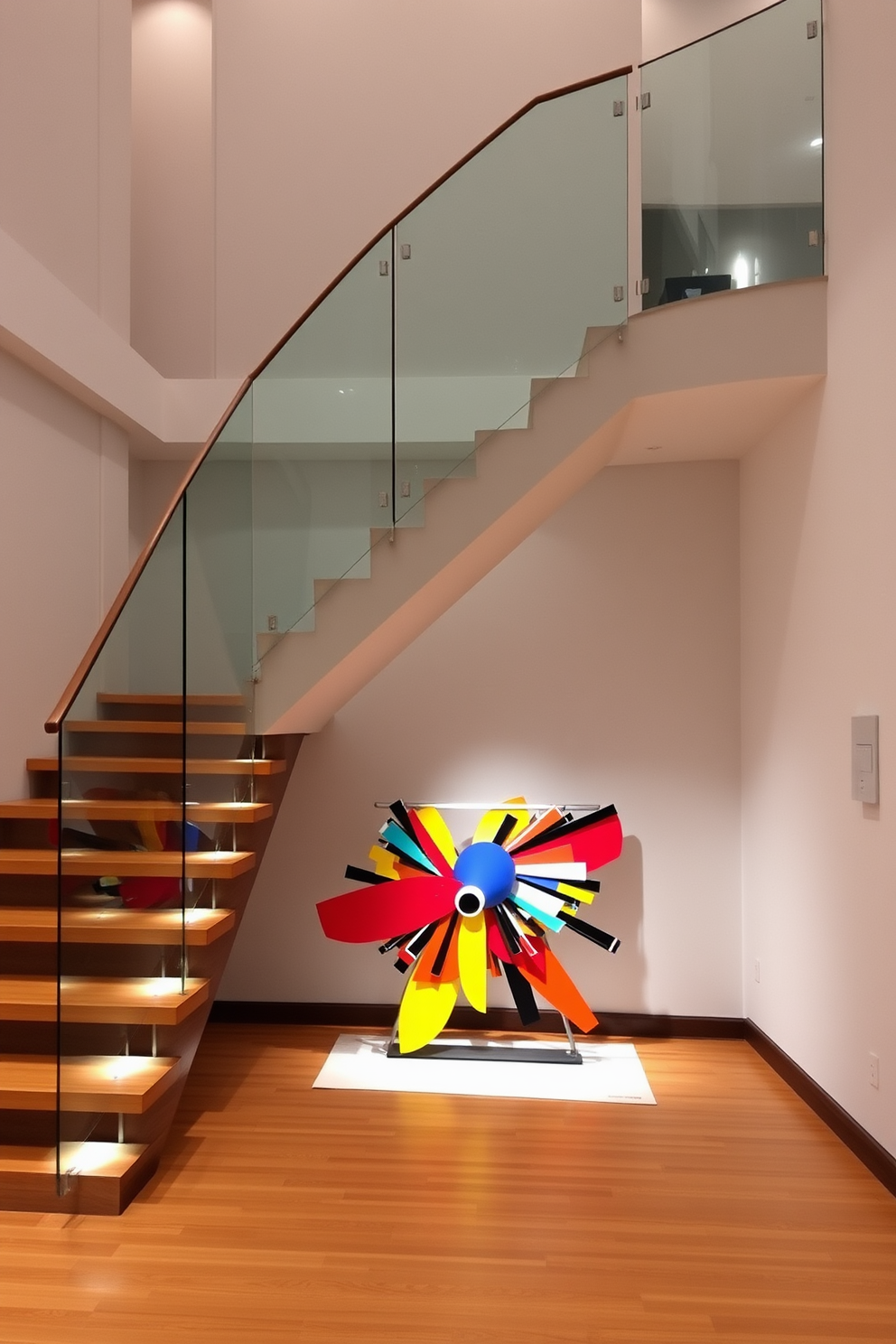 A sleek staircase ascends gracefully, featuring a glass railing that allows for unobstructed views of the surrounding space. At the base of the stairs, a striking modern art installation captures attention, composed of vibrant colors and dynamic shapes that contrast with the minimalist design of the staircase. The steps are crafted from polished wood, creating a warm and inviting atmosphere. Soft lighting illuminates the art piece, enhancing its visual impact and creating a dramatic focal point in the entryway.