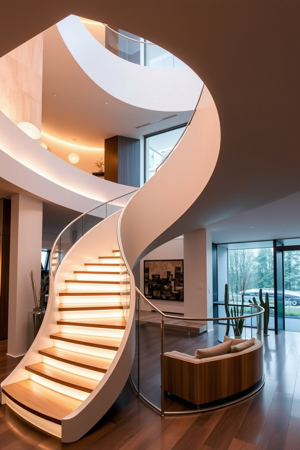 A sculptural staircase elegantly winds through the space, featuring smooth curves and sharp angles that create a striking visual impact. Integrated LED lighting highlights the staircase's contours, casting a warm glow that enhances the contemporary aesthetic. The staircase is constructed from a combination of polished wood and sleek metal, showcasing a harmonious blend of materials. Surrounding the staircase, minimalist decor and large windows allow natural light to flood the area, emphasizing the modern design.