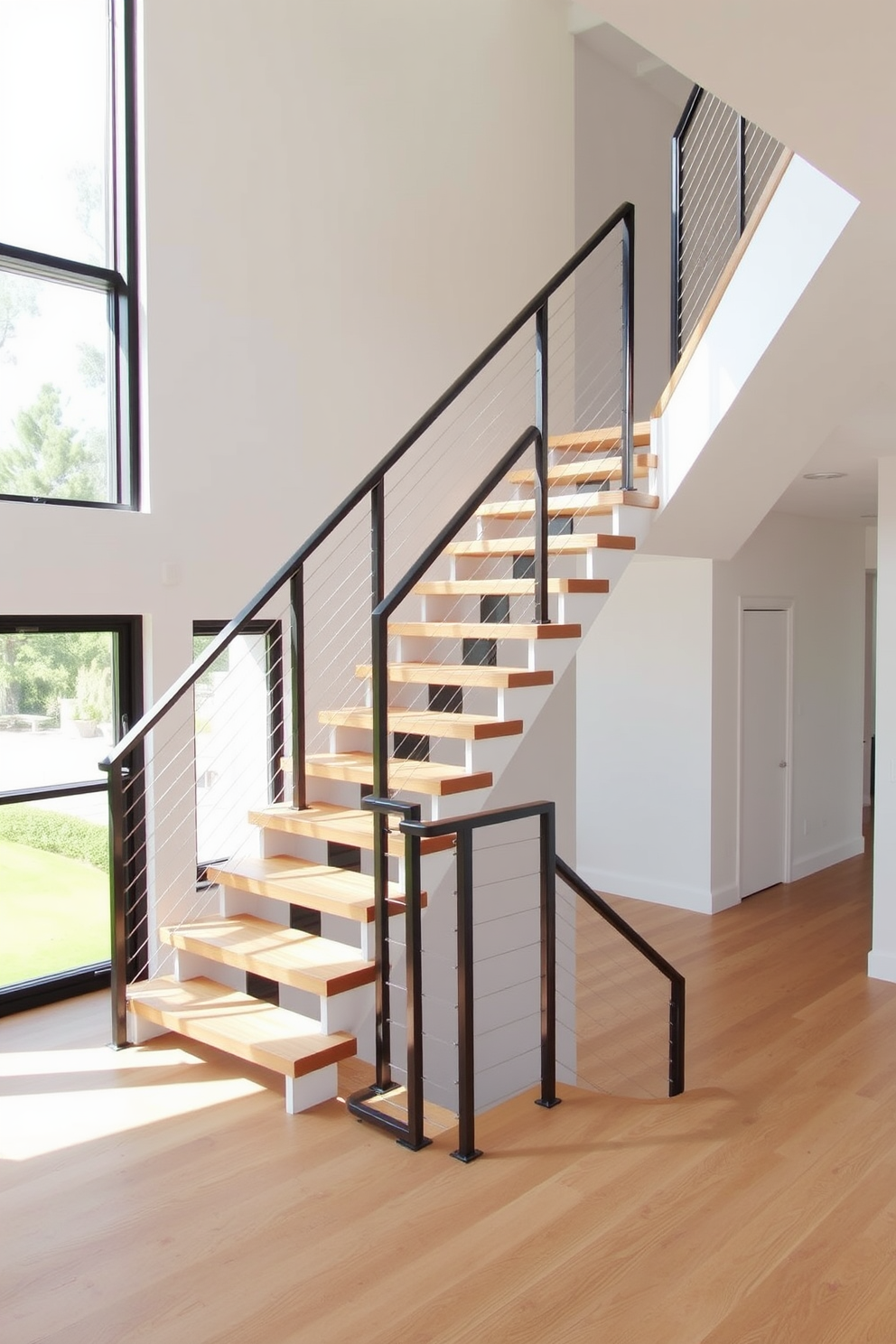 A stunning open riser staircase creates an airy and spacious feel in the home. The treads are made of natural wood, complemented by sleek metal railings that enhance the contemporary aesthetic. Large windows adjacent to the staircase allow natural light to flood the space. The walls are painted in a soft white, accentuating the clean lines and modern design of the staircase.