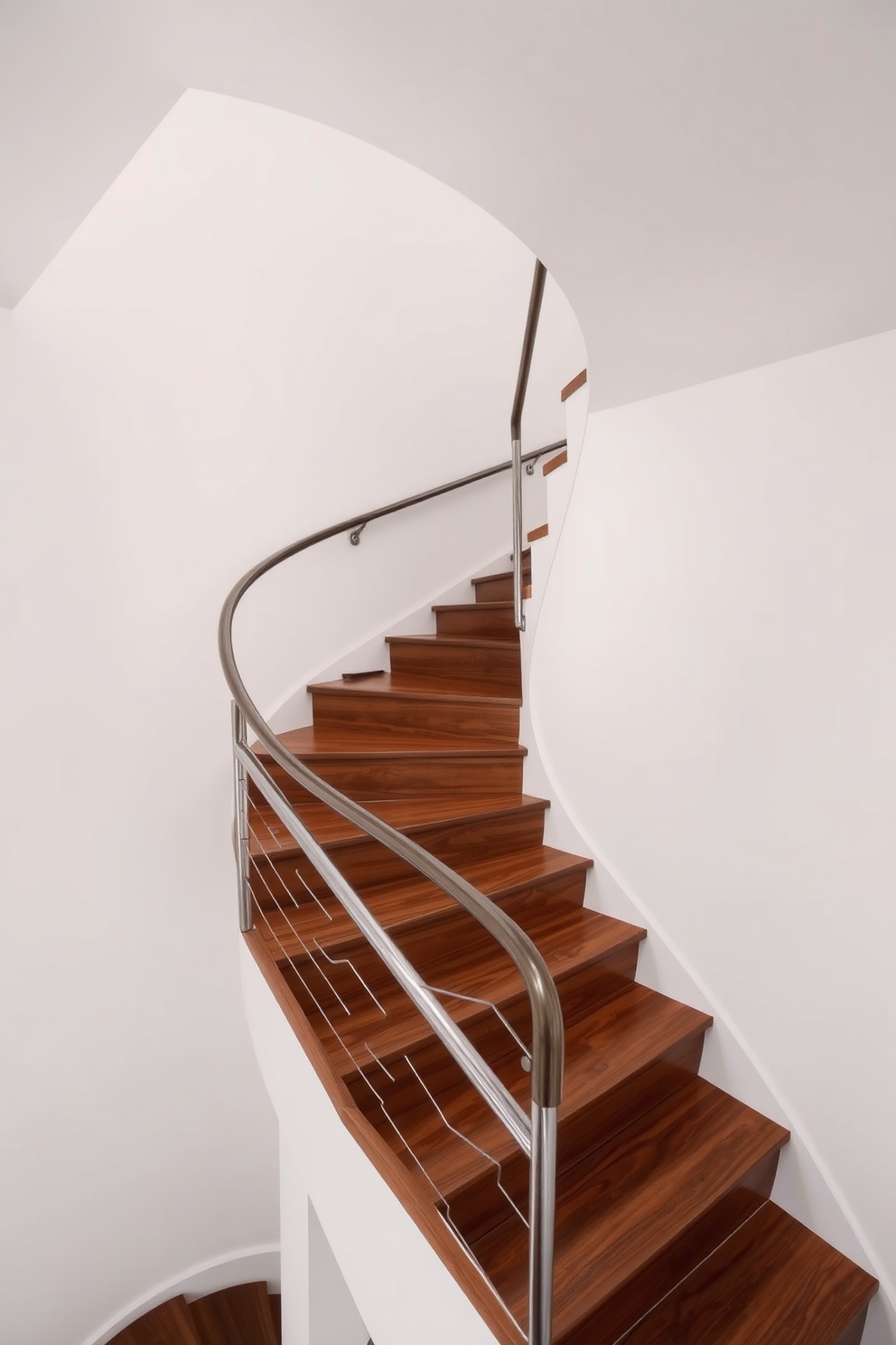 A stunning curved staircase elegantly sweeps upward, showcasing a sleek metal handrail that adds a modern touch. The steps are crafted from rich hardwood, contrasting beautifully with the minimalist design of the surrounding space.