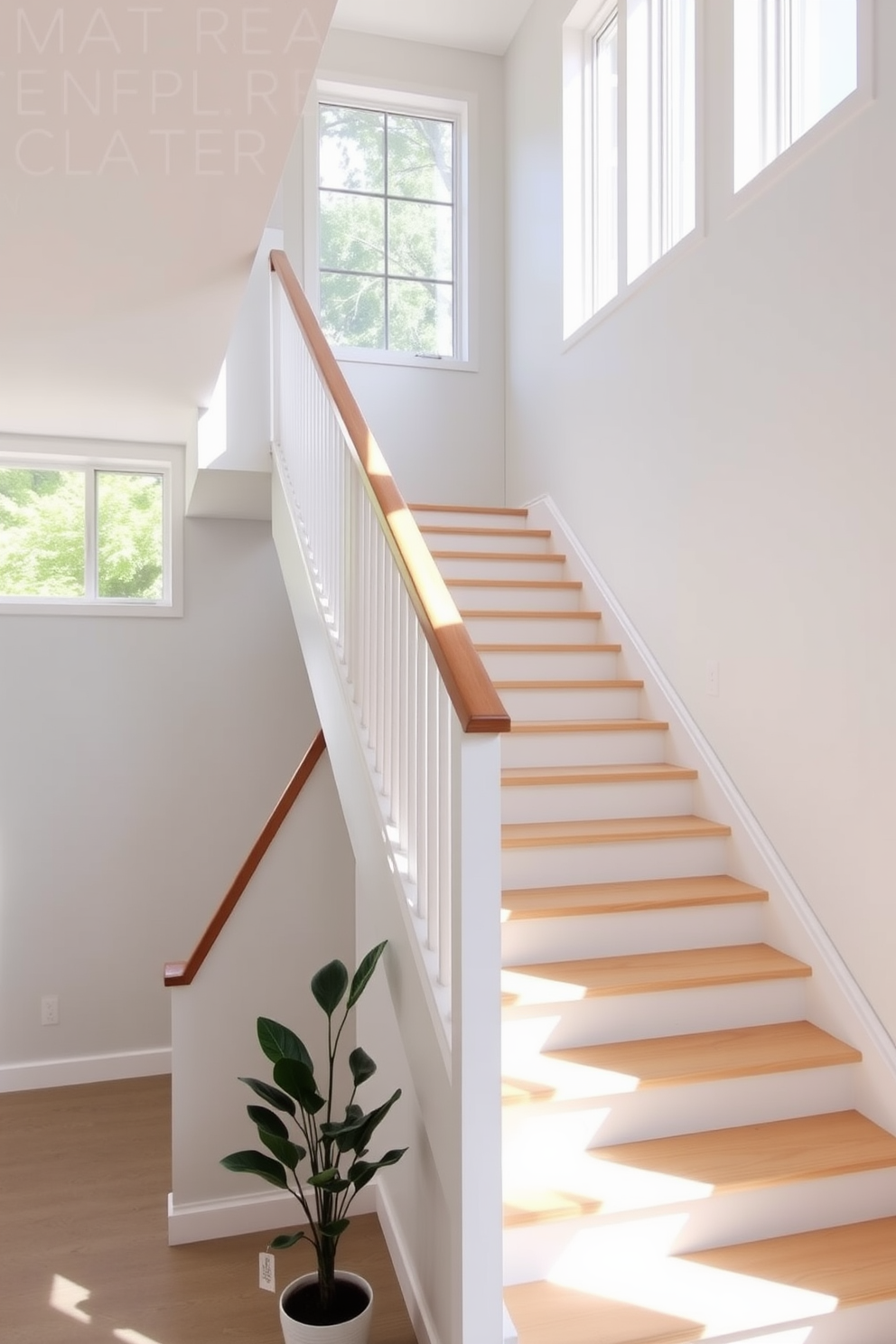 A minimalist staircase with a sleek design features open risers and a smooth wooden handrail. The staircase is painted in soft white, complemented by light gray walls that enhance the airy feel of the space. Natural light floods the area through large windows, casting gentle shadows on the steps. A simple indoor plant is placed at the base, adding a touch of greenery to the neutral color palette.