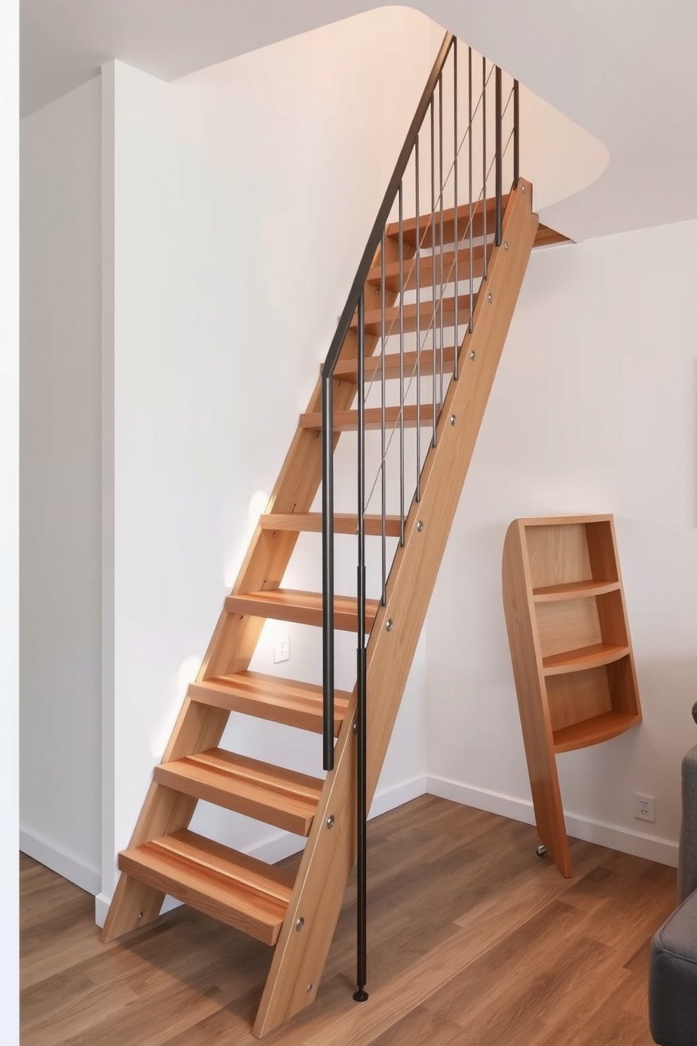 A sleek ladder-style staircase is designed for a compact living area. The wooden steps are finished in a natural tone, complemented by a minimalist metal railing that enhances the open feel of the space. The staircase features built-in shelving on one side, providing functional storage without sacrificing style. Soft ambient lighting is integrated into the design, illuminating the steps and creating a warm atmosphere.