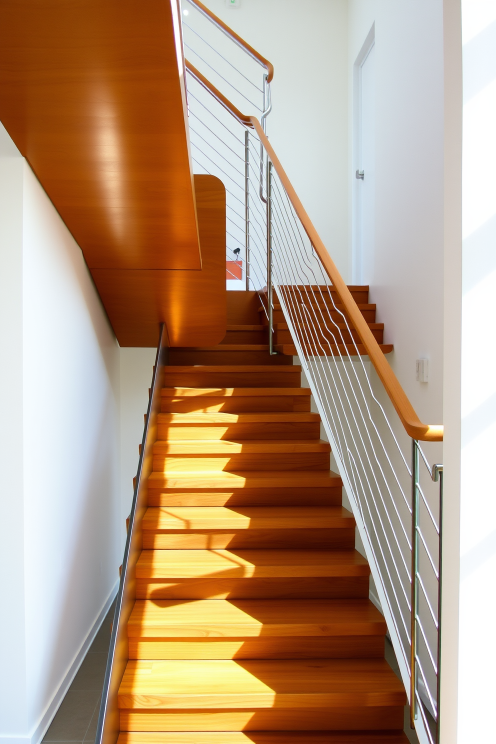 A striking geometric staircase features bold angular shapes that create a dynamic visual impact. The staircase is crafted from a combination of polished wood and sleek metal, enhancing the contemporary aesthetic of the space. Large, open treads allow light to filter through, creating an airy feel while showcasing the unique design. The surrounding walls are painted in a crisp white, providing a clean backdrop that highlights the staircase's dramatic lines.