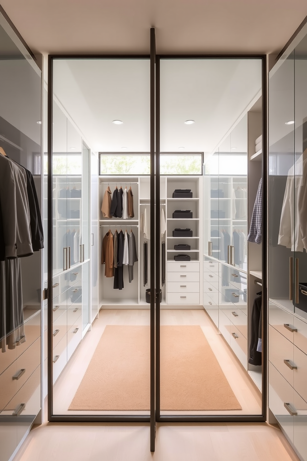 A sleek walk-in closet features expansive glass doors that allow natural light to flood the space. Inside, custom shelving and hanging options create a harmonious blend of functionality and modern elegance. The design incorporates minimalist cabinetry with a high-gloss finish, providing ample storage while maintaining an airy feel. Soft lighting highlights the carefully curated selection of clothing and accessories, enhancing the overall sophistication of the closet.