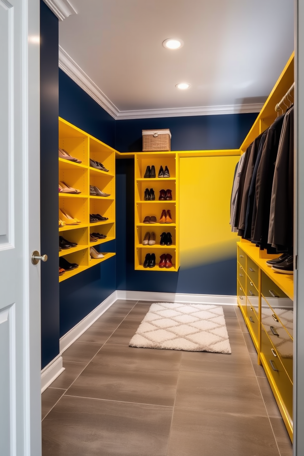 A minimalist walk-in closet features sleek cabinetry with clean lines in soft beige tones. The space is illuminated by recessed lighting, creating a serene atmosphere that highlights the organized layout. Open shelving displays neatly folded clothes, while a central island provides additional storage and a surface for accessories. A large mirror reflects the simplicity of the design, enhancing the feeling of spaciousness in the closet.