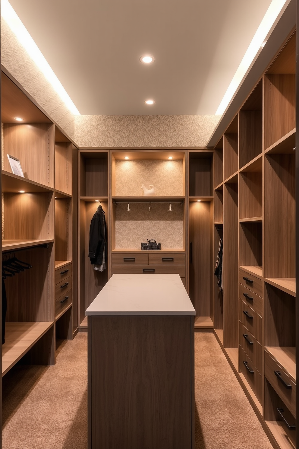 A stunning walk-in closet featuring an accent wall adorned with bold, vibrant wallpaper that adds a pop of color. The space is illuminated by elegant lighting fixtures, showcasing custom shelving and a plush seating area for a luxurious touch.