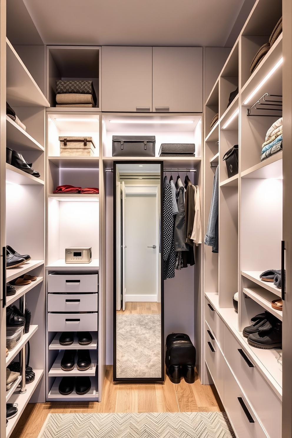 A sleek and modern walk-in closet features multi-functional furniture that maximizes space and offers versatility. The room is equipped with a stylish island in the center for added storage, and adjustable shelving lines the walls for easy organization. The closet includes a combination of hanging rods and drawers, allowing for efficient clothing storage and accessibility. Soft lighting illuminates the space, highlighting the elegant finishes and creating a welcoming atmosphere.