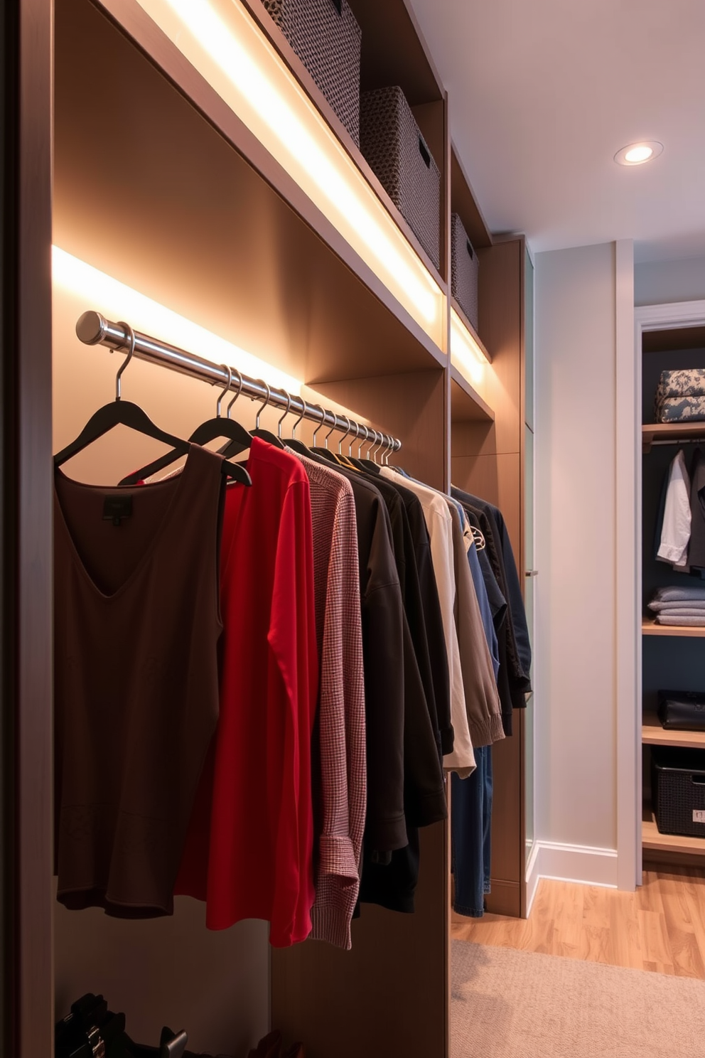 A contemporary walk-in closet featuring hanging racks for easy access to clothing. The design includes built-in shelving and soft, ambient lighting to create an inviting atmosphere.