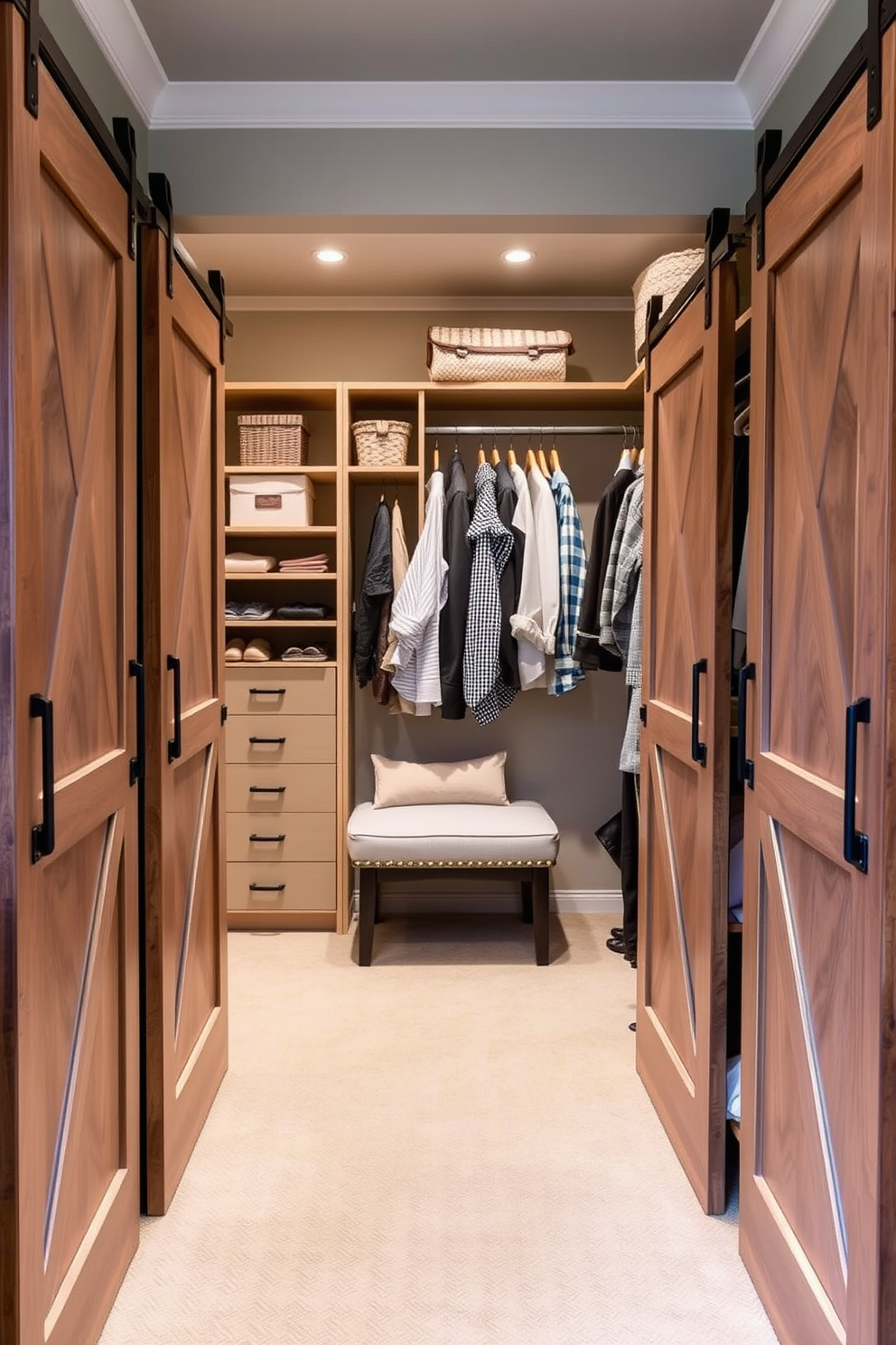 A stylish walk-in closet featuring sliding barn doors that add rustic charm to the space. The interior is organized with custom shelving, hanging rods, and a plush seating area for convenience.