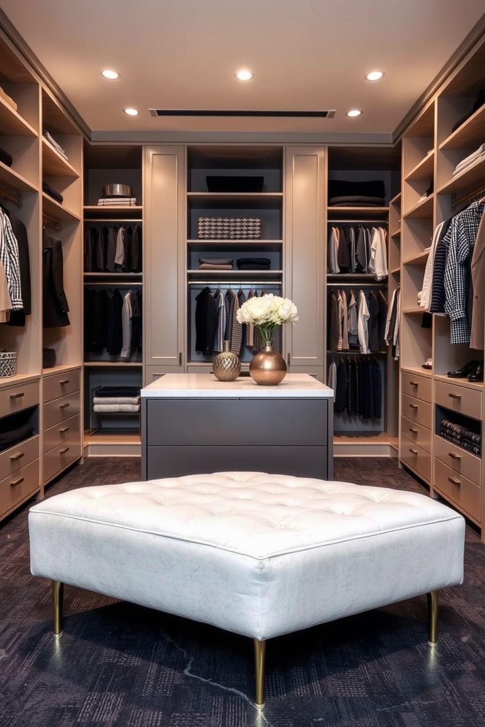 A stylish ottoman for seating and storage featuring a plush fabric in a soft neutral tone. The ottoman has sleek gold legs and a hidden compartment for organizing accessories. Contemporary walk-in closet design ideas with built-in shelving and hanging space for clothing. The closet is illuminated with recessed lighting and includes a chic island in the center for additional storage.