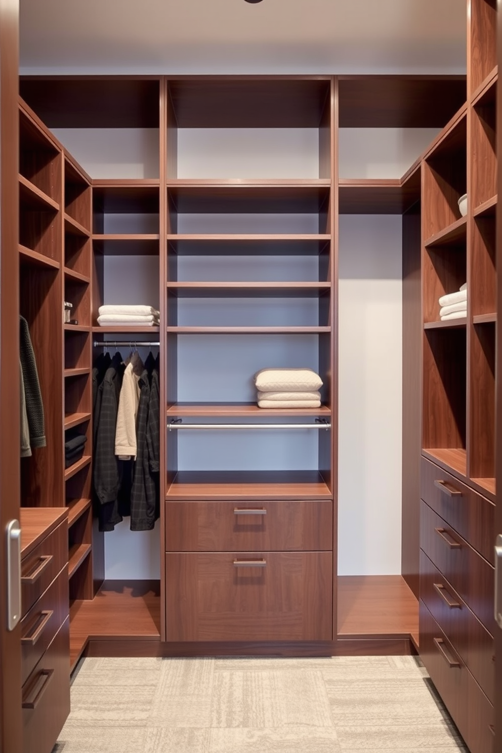 A contemporary walk-in closet featuring elegant lighting fixtures as focal points. The space is designed with sleek cabinetry in a warm wood finish, complemented by a plush area rug and a stylish ottoman for seating.