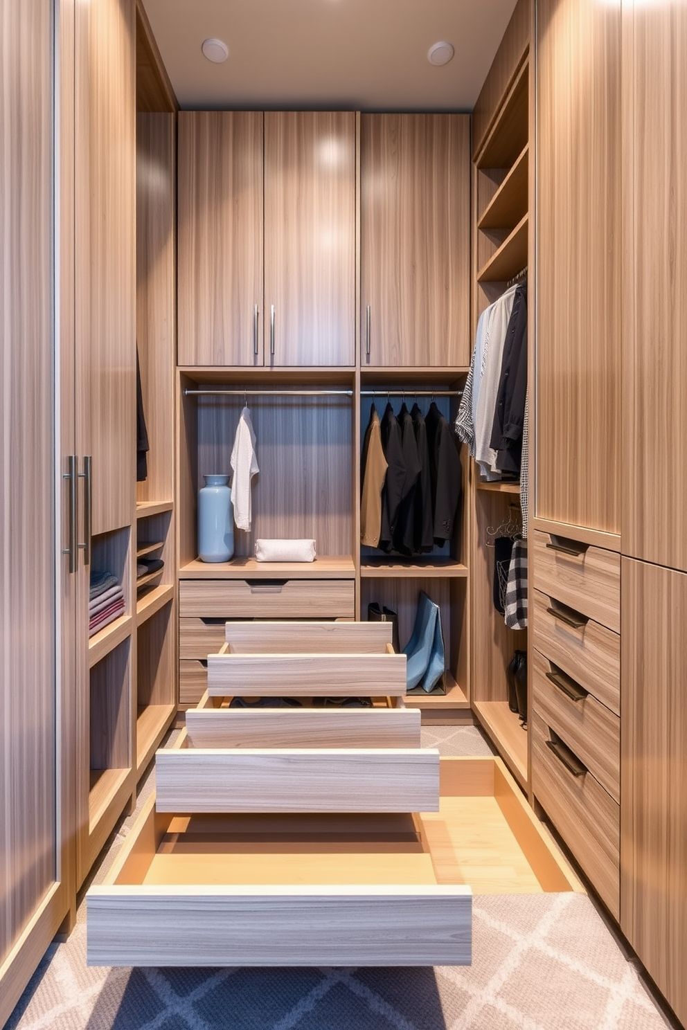 A corner shelving unit designed to maximize space features sleek, minimalist shelves made of light wood. The unit is adorned with decorative boxes and potted plants, creating an organized yet stylish look. The contemporary walk-in closet showcases an open layout with built-in cabinetry and soft LED lighting. A plush ottoman sits in the center, surrounded by neatly arranged shoes and accessories for easy access.