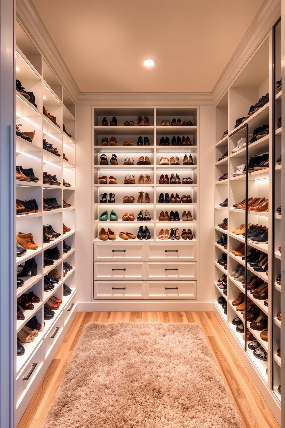 A stylish walk-in closet features personalized shoe displays that allow for easy selection. The walls are lined with custom shelving units, showcasing a variety of footwear in an organized manner. The space is illuminated by soft, ambient lighting that highlights the elegant finishes. A plush area rug adds comfort underfoot, while a full-length mirror enhances the sense of openness.