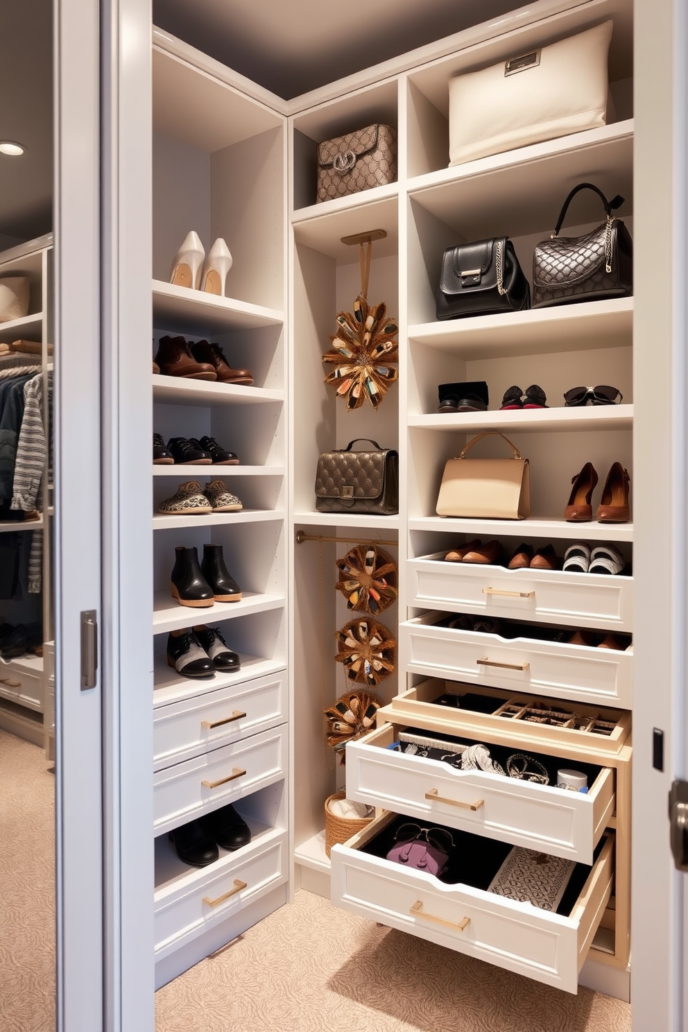 A contemporary walk-in closet featuring a dedicated accessories section for organization. The space includes sleek shelving units for shoes and bags, with elegant drawer systems for jewelry and smaller items.