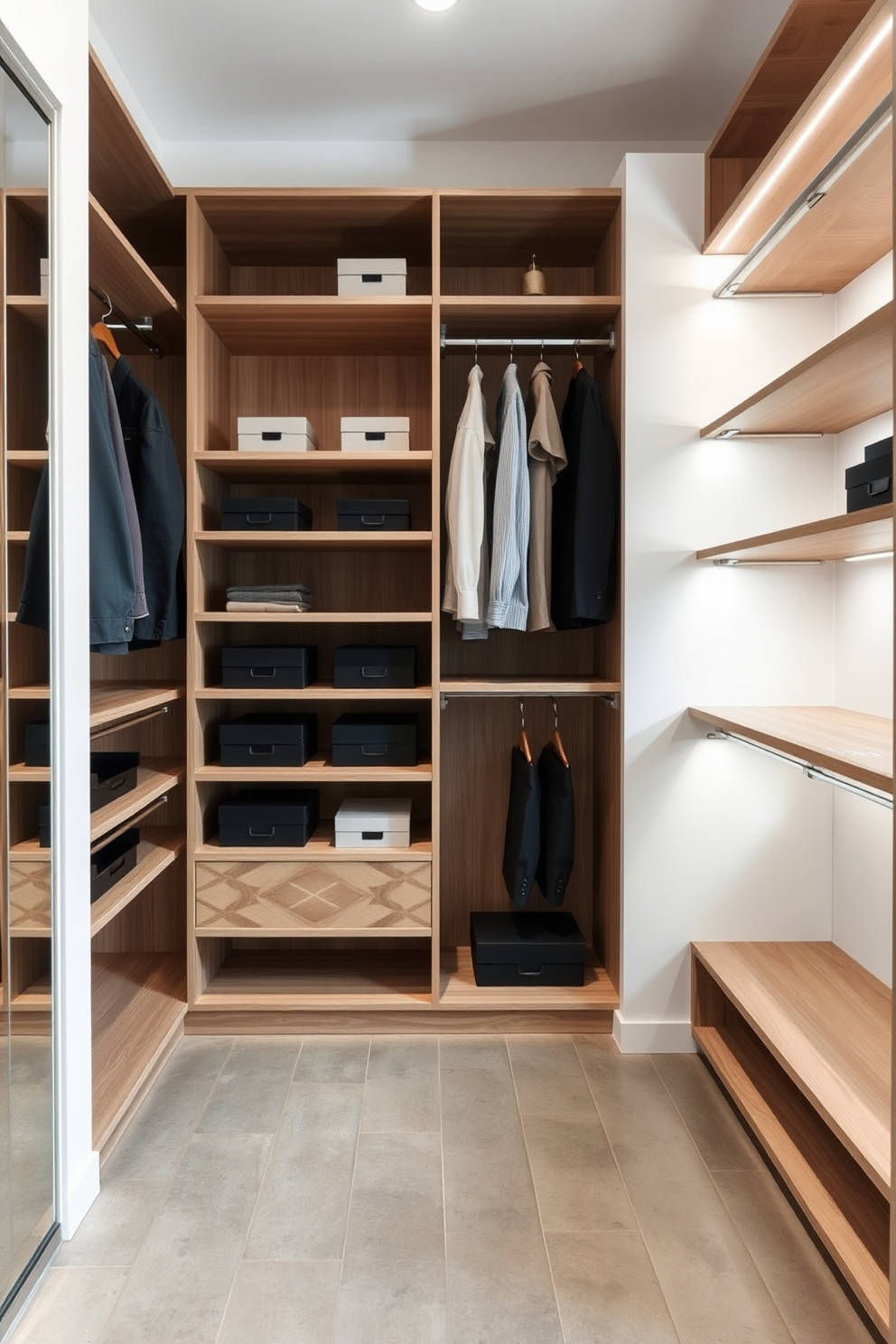 A minimalist shelving unit with clean lines is the focal point of this contemporary walk-in closet. The shelves are made of light wood, providing a warm contrast to the crisp white walls and the polished concrete floor. Hanging space is maximized with sleek metal rods, while stylish storage boxes are neatly arranged on the shelves. Soft, ambient lighting highlights the organized layout, creating a serene and functional dressing area.