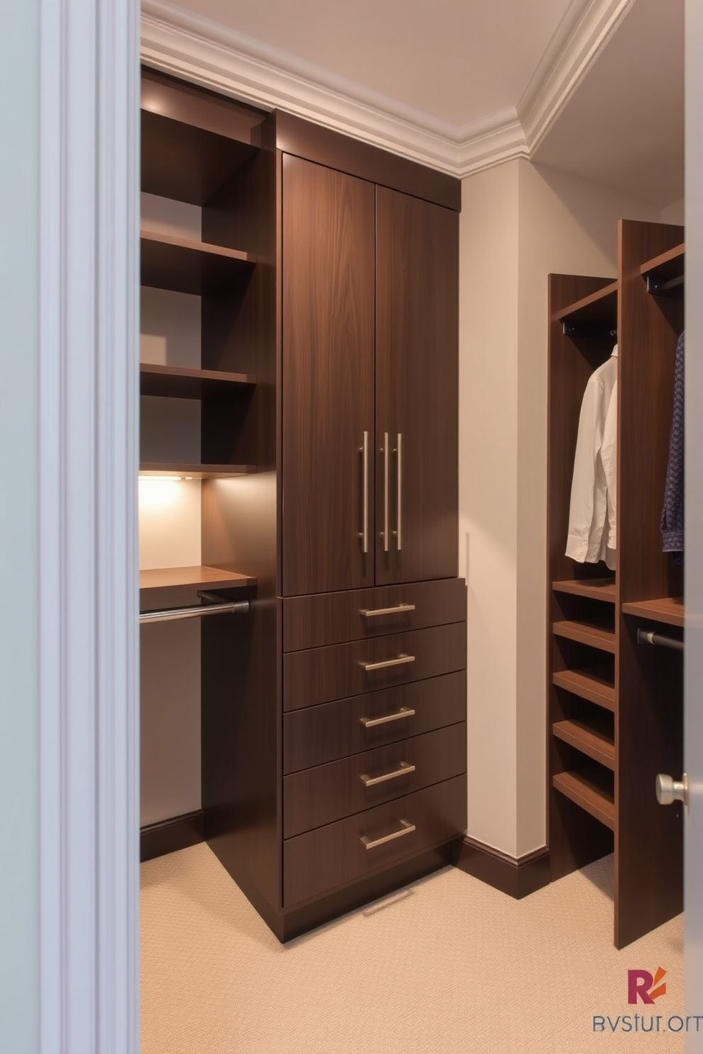 A contemporary walk-in closet with sleek cabinetry and ample storage space. The walls are painted in a soft neutral tone, and the lighting is warm and inviting, highlighting the elegant crown molding that adds a sophisticated touch.