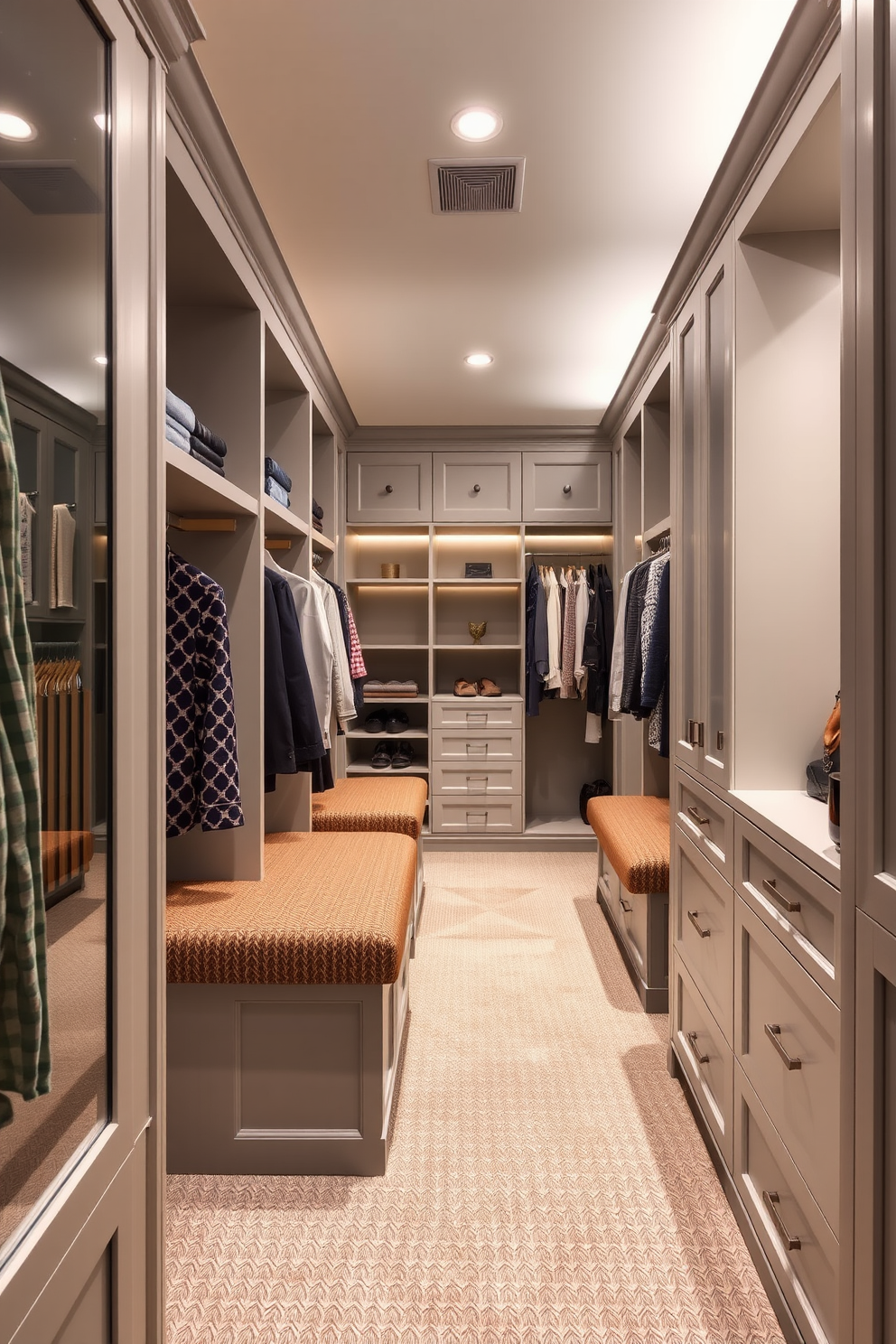 A contemporary walk-in closet features built-in benches that provide both convenience and style. The space is designed with sleek cabinetry, ample lighting, and organized shelving to create an inviting and functional area.