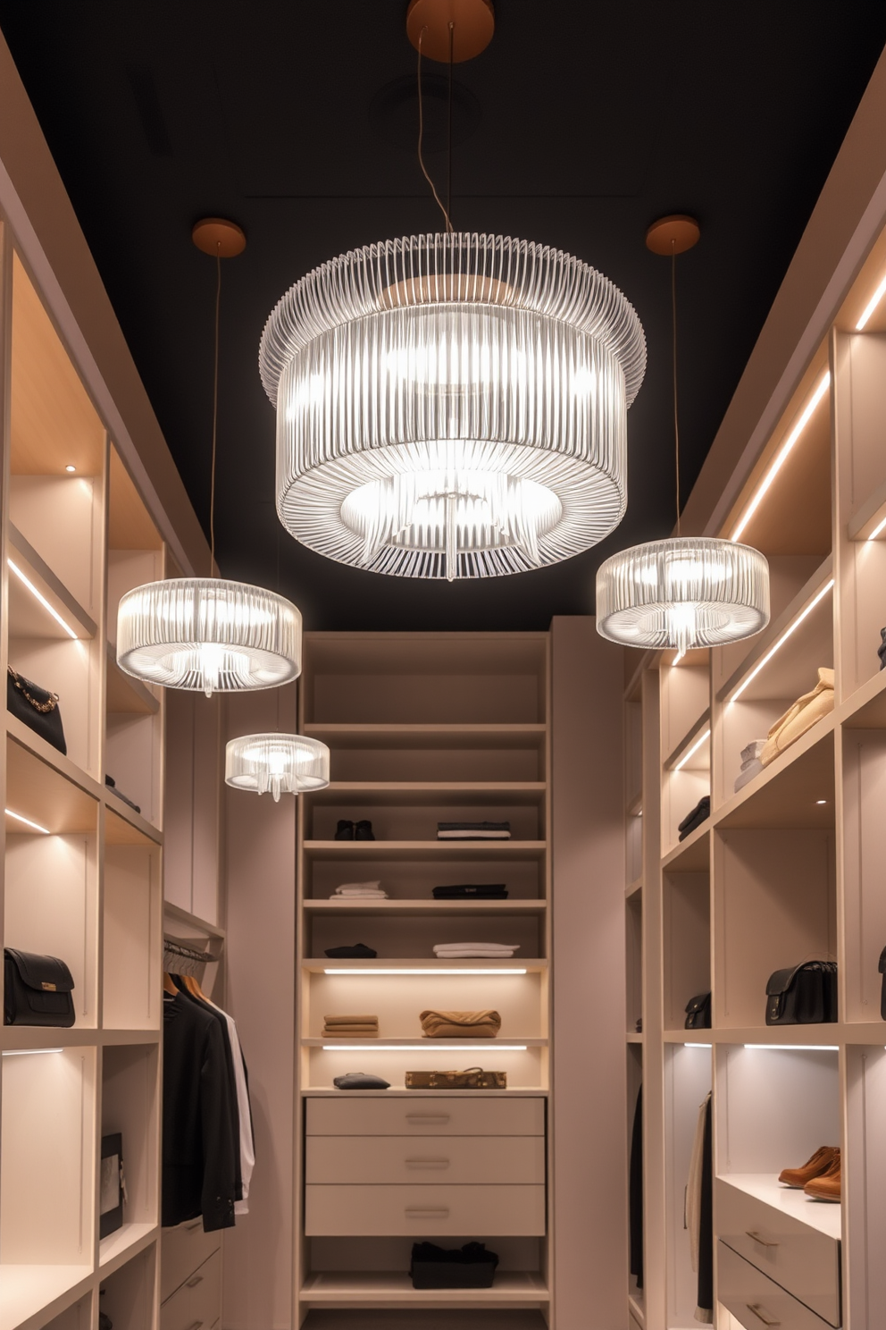 Artistic lighting fixtures hang gracefully from the ceiling, creating a stunning visual impact in the space. The warm glow illuminates the room, highlighting the sleek shelving and elegant storage solutions. The walk-in closet features a modern layout with ample space for clothing and accessories. Soft neutral tones and luxurious materials enhance the overall sophistication of the design.