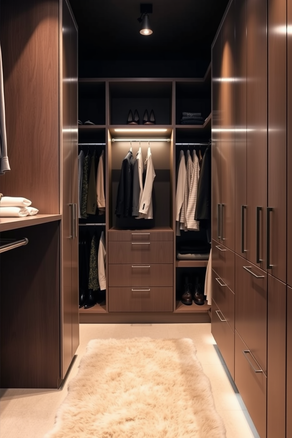 A contemporary walk-in closet featuring sleek cabinetry with a mix of open shelving and closed storage for seasonal items. The space is illuminated by soft LED lighting, and a plush area rug adds warmth underfoot.