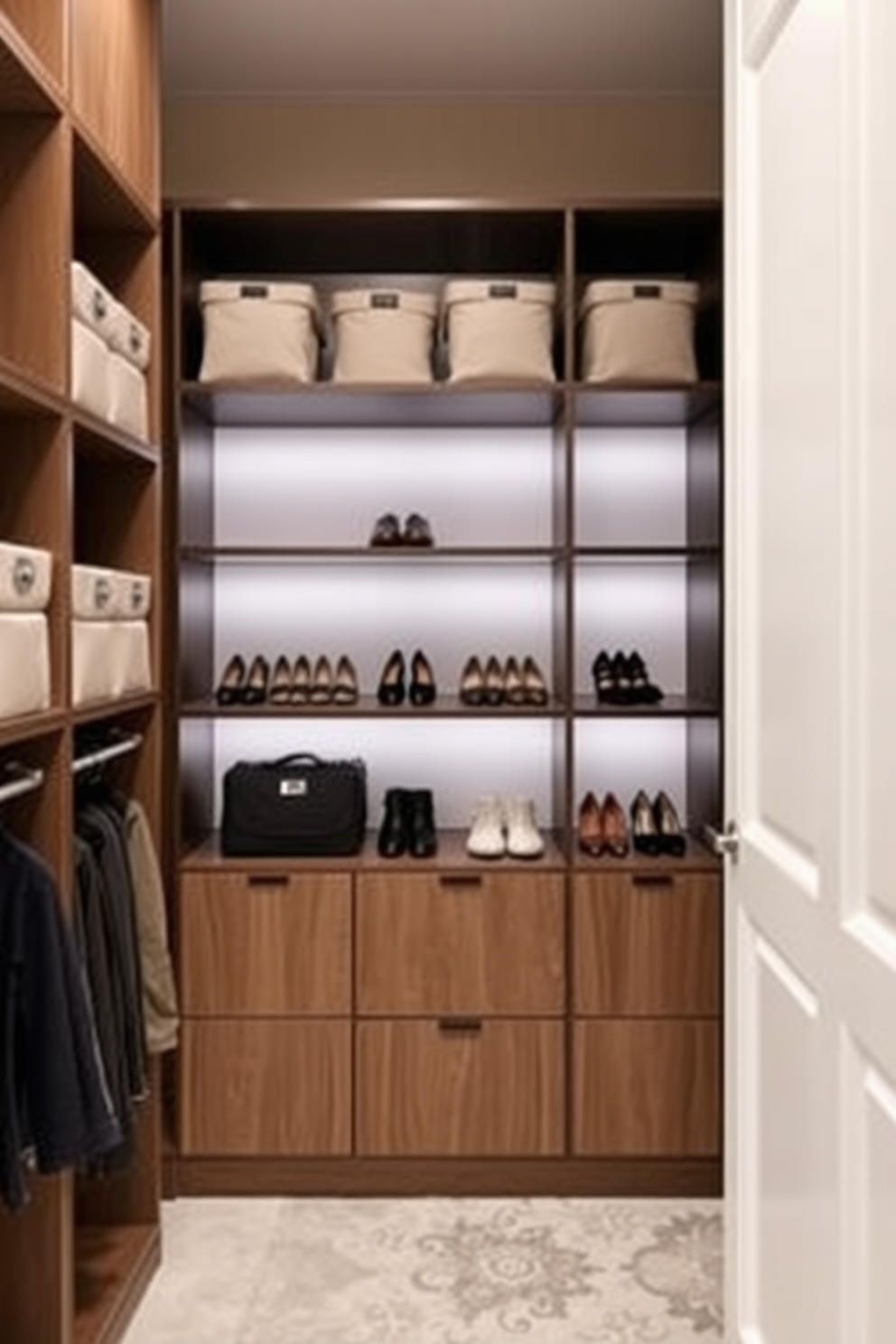 A contemporary walk-in closet featuring vertical storage solutions to maximize space. The design includes tall shelving units that reach the ceiling, providing ample room for shoes and accessories.