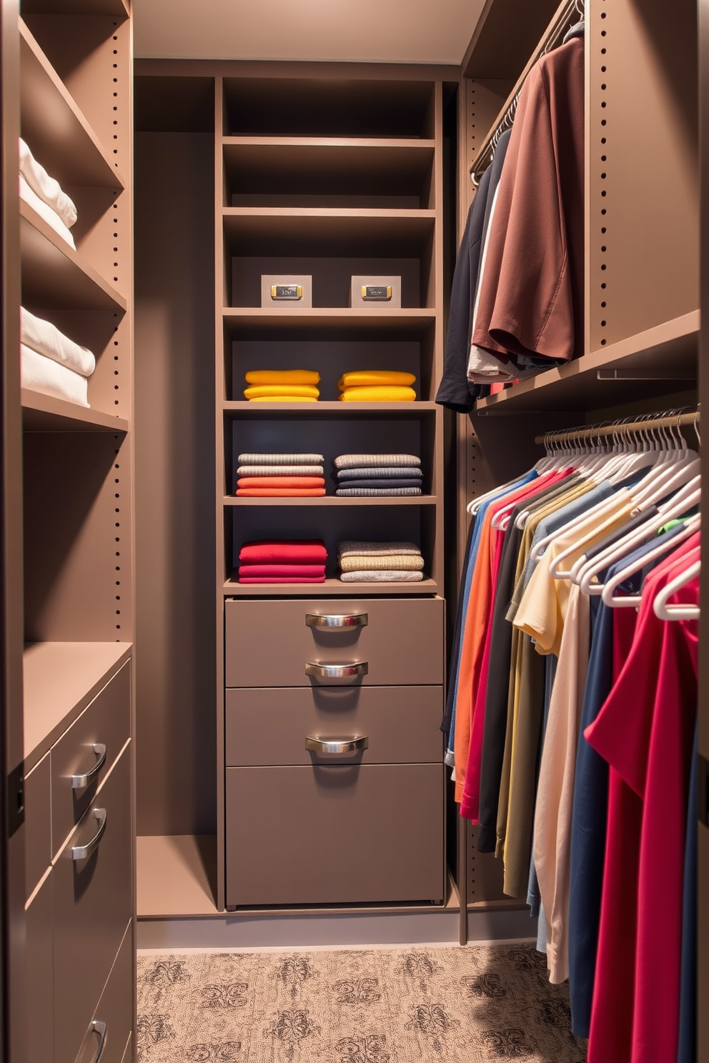 A contemporary walk-in closet features color-coded organization systems that enhance accessibility and style. Shelving units are designed with a sleek finish, while hanging rods are arranged by color for easy finding.