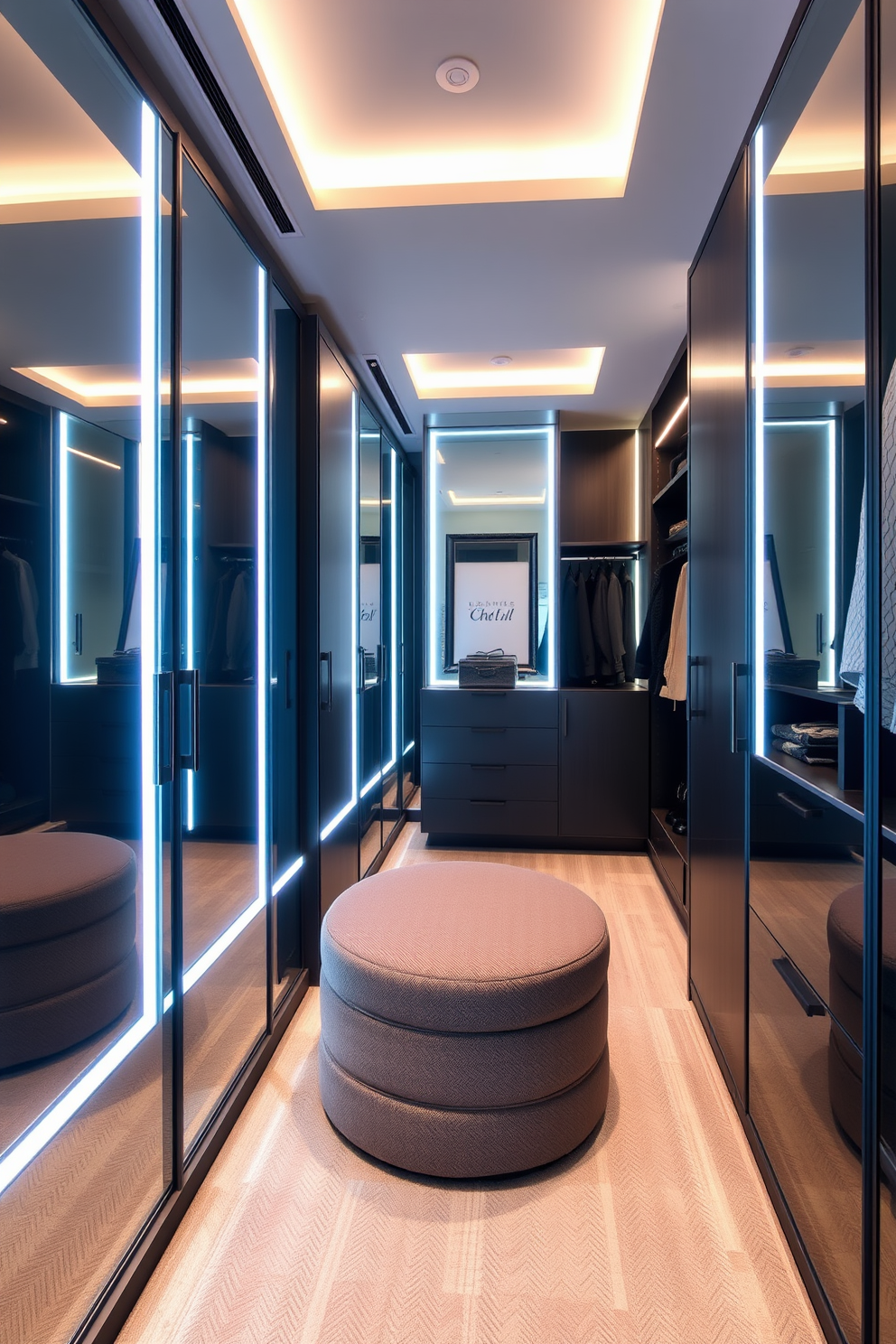 A contemporary walk-in closet features personalized lighting controls that allow for mood adjustments throughout the space. The design includes sleek shelves and hanging rods made from polished metal, complemented by soft LED lighting that highlights the clothing and accessories.