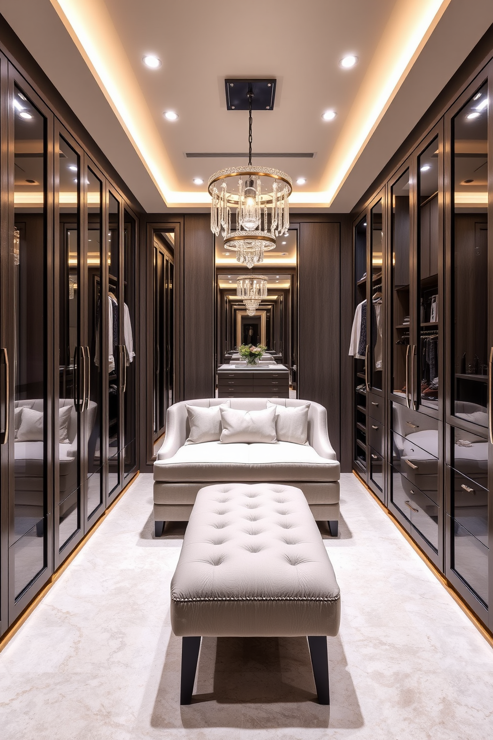 A contemporary walk-in closet design featuring high-end finishes that exude luxury. The space includes custom cabinetry with sleek lines, a plush seating area, and elegant lighting that enhances the overall ambiance.