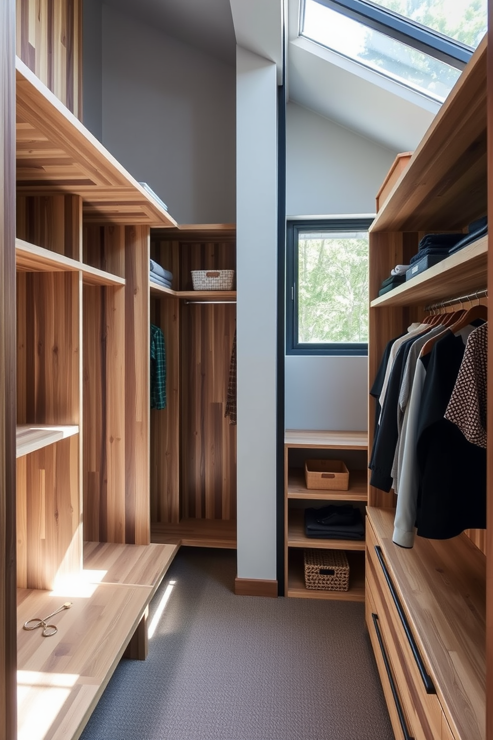 A contemporary walk-in closet featuring sustainable materials such as reclaimed wood and bamboo shelving. The space is illuminated by natural light streaming through a large window, showcasing a minimalist design with organized sections for clothing and accessories.