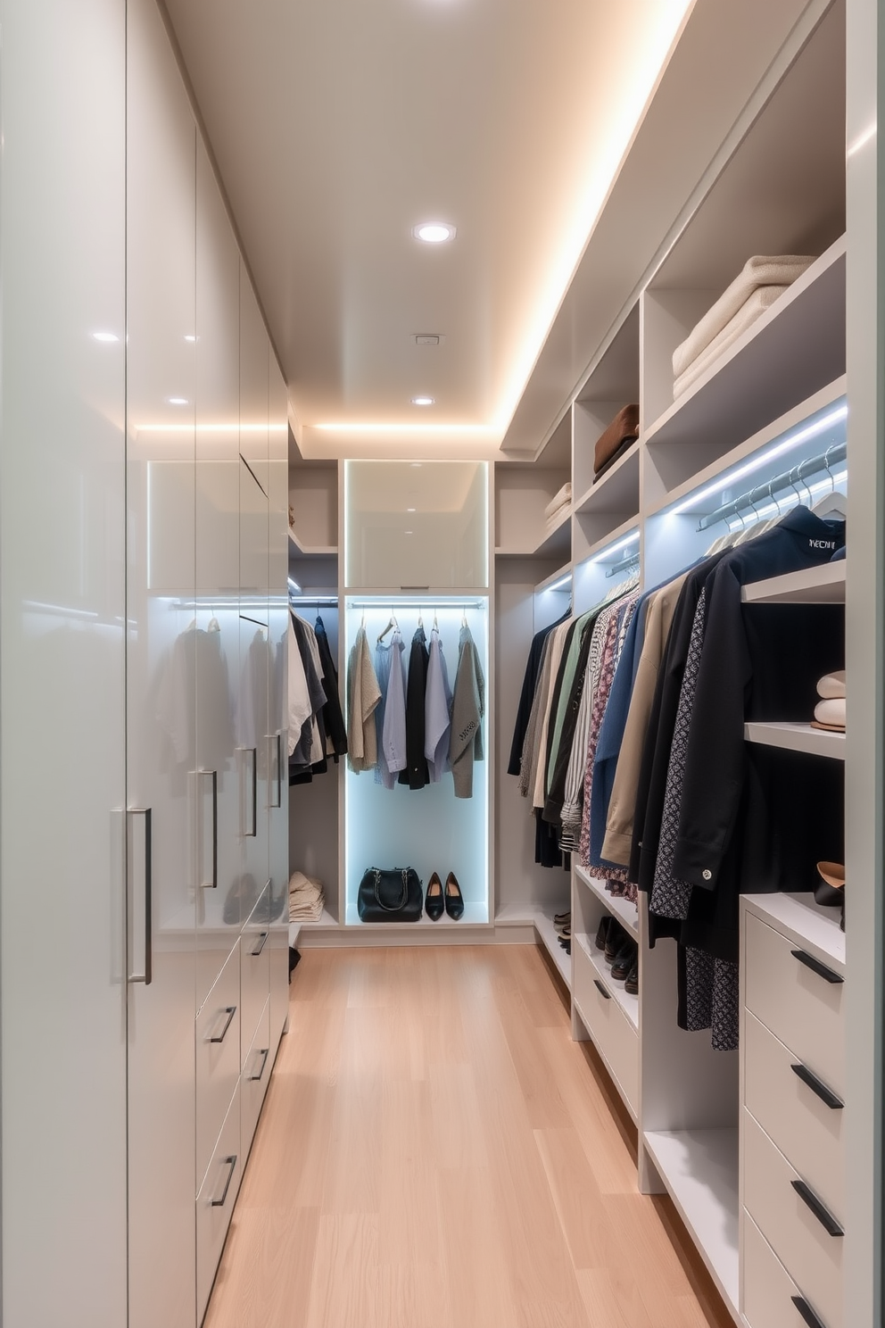 A contemporary walk-in closet featuring integrated lighting that creates a bright and inviting atmosphere. The walls are lined with sleek cabinetry and open shelving, showcasing a curated collection of clothing and accessories.