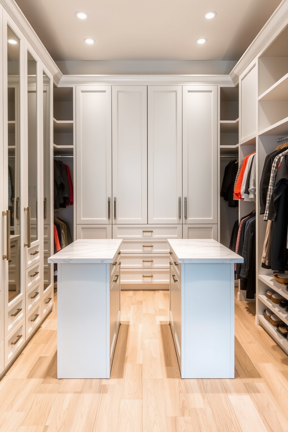 A contemporary walk-in closet features dual islands providing ample storage space. The islands are topped with sleek quartz countertops and are surrounded by custom cabinetry in a soft white finish.