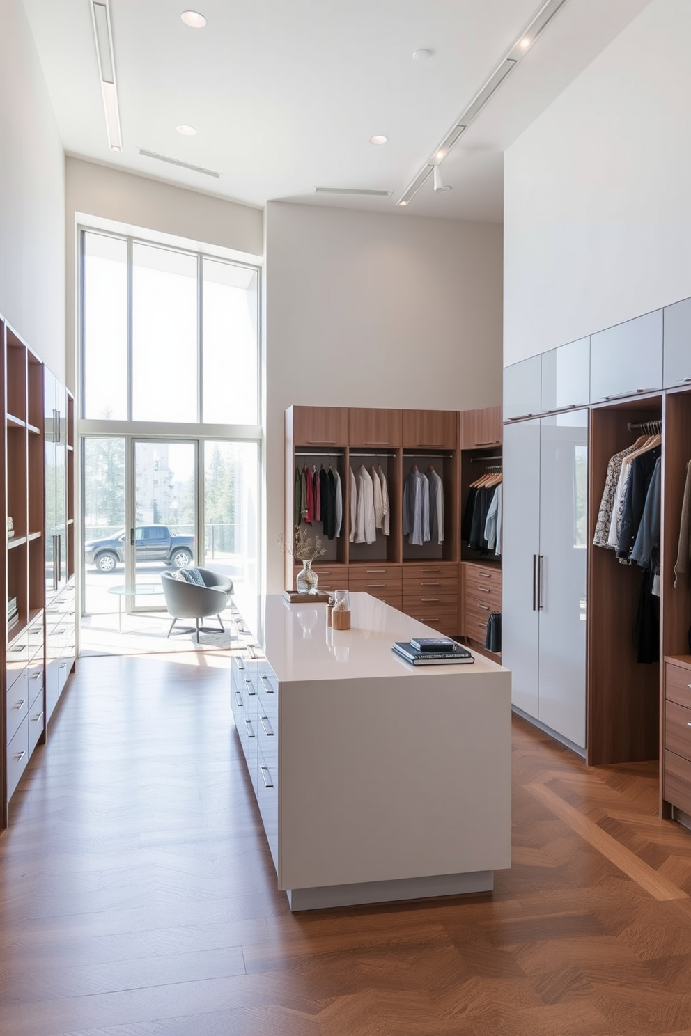 A contemporary walk-in closet features mirrored walls that create an illusion of a larger space while reflecting the stylish interior. The design includes sleek shelving and hanging areas, complemented by elegant lighting that highlights the luxurious materials used throughout.