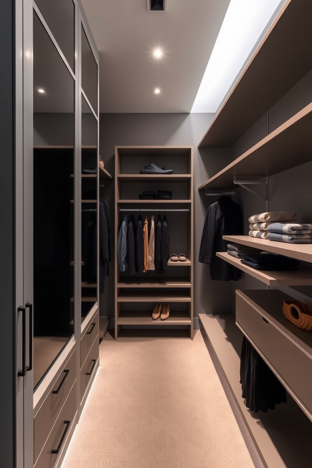 A contemporary walk-in closet features sleek floating shelves that create an open and spacious ambiance. The shelves are arranged in a minimalist style, allowing for easy access to clothing and accessories while maintaining a clean aesthetic.