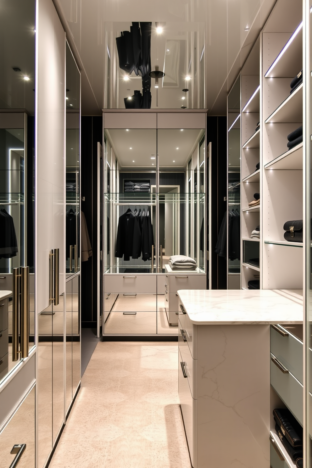 A contemporary walk-in closet featuring mirrored accents that enhance the sense of depth and space. The design includes sleek shelving units and a central island with a marble top, providing ample storage and a luxurious feel.