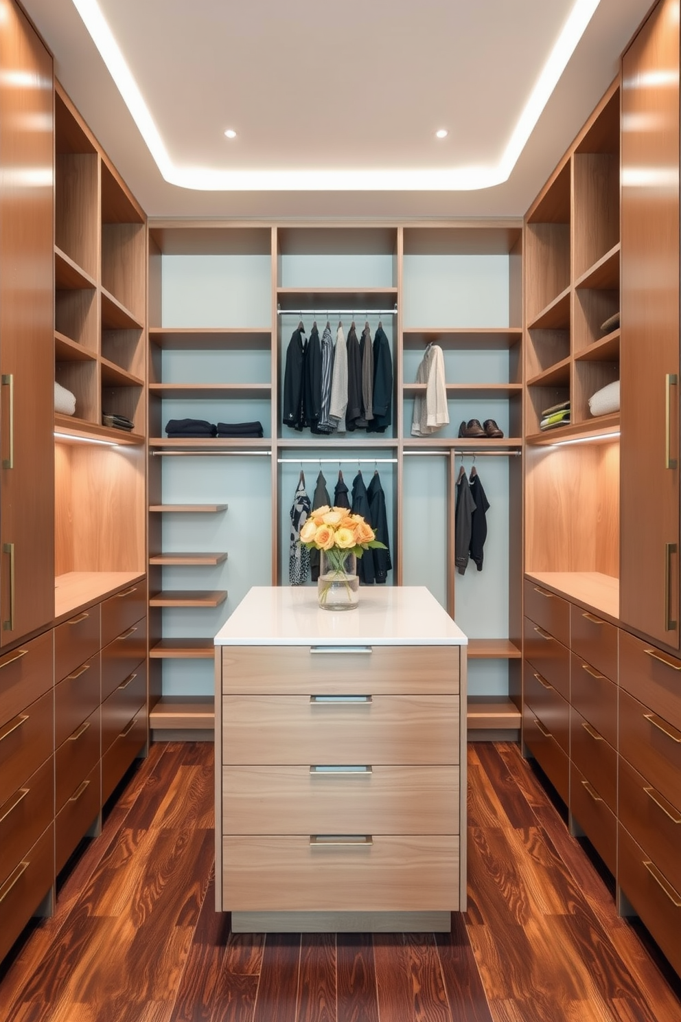 Custom cabinetry for personalized organization. The closet features sleek wooden shelves and drawers that maximize storage while maintaining a clean aesthetic. Contemporary walk-in-closet design ideas. The space includes a stylish island in the center with additional storage, surrounded by hanging sections for clothing and accessories.