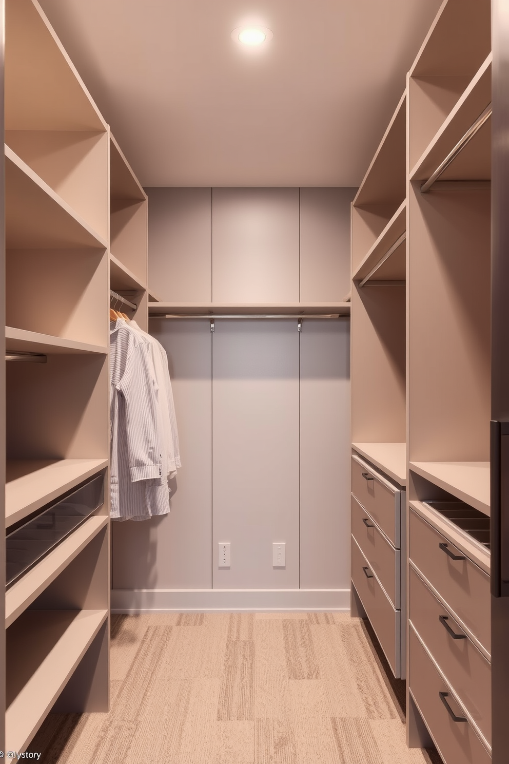 A contemporary walk-in closet featuring neutral tones to create a calming atmosphere. The space includes sleek shelving units and hanging rods, all designed with clean lines and minimalistic aesthetics.