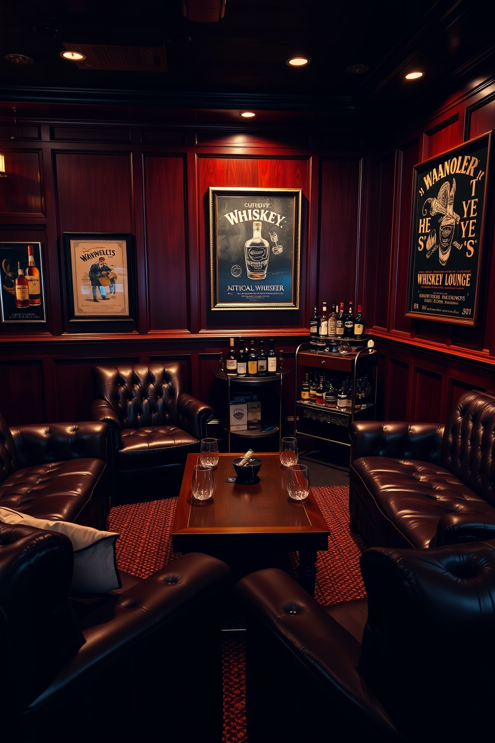 A cozy whiskey lounge featuring rich mahogany paneling and ambient lighting. Plush leather seating arrangements invite relaxation, complemented by a sleek wooden coffee table at the center. The walls are adorned with vintage whiskey advertisements and dark, moody artwork. A well-stocked bar cart sits in one corner, showcasing an array of premium whiskey bottles and elegant glassware.