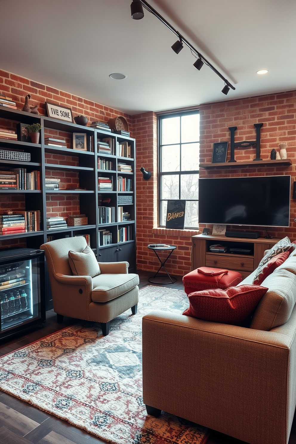 Cozy reading nook with bookshelves. A plush armchair is positioned next to a large window, bathed in natural light, with a small side table holding a steaming cup of tea. The walls are lined with built-in bookshelves filled with an eclectic mix of books and decorative items. A soft area rug anchors the space, adding warmth and inviting comfort to the nook. Cool Man Cave Design Ideas. The room features a large sectional sofa facing a state-of-the-art entertainment system, perfect for movie nights. Industrial-style decor elements like exposed brick walls and metal accents enhance the masculine vibe, while a mini-fridge stocked with beverages adds a practical touch.