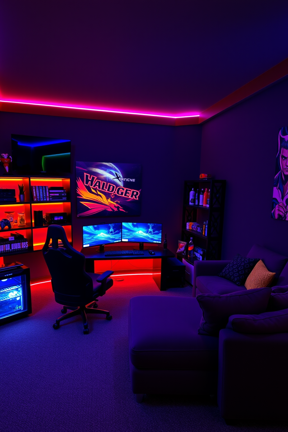 A vibrant gamer zone featuring multiple screens arranged on a sleek black gaming desk. The walls are adorned with LED strip lights that change colors, creating an immersive atmosphere. The seating consists of a plush gaming chair and a cozy sectional sofa for friends. Shelves filled with gaming memorabilia and a mini-fridge stocked with snacks complete the cool man cave vibe.