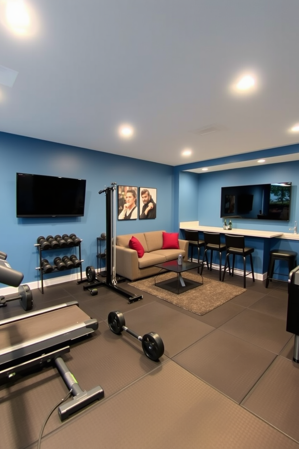 A personal gym featuring a variety of workout equipment including free weights and a treadmill. The walls are painted in a calming blue hue and the flooring is covered with durable rubber mats for safety and comfort. A stylish man cave designed for relaxation and entertainment. It includes a comfortable sectional sofa, a large flat-screen TV mounted on the wall, and a custom-built bar area with high stools.