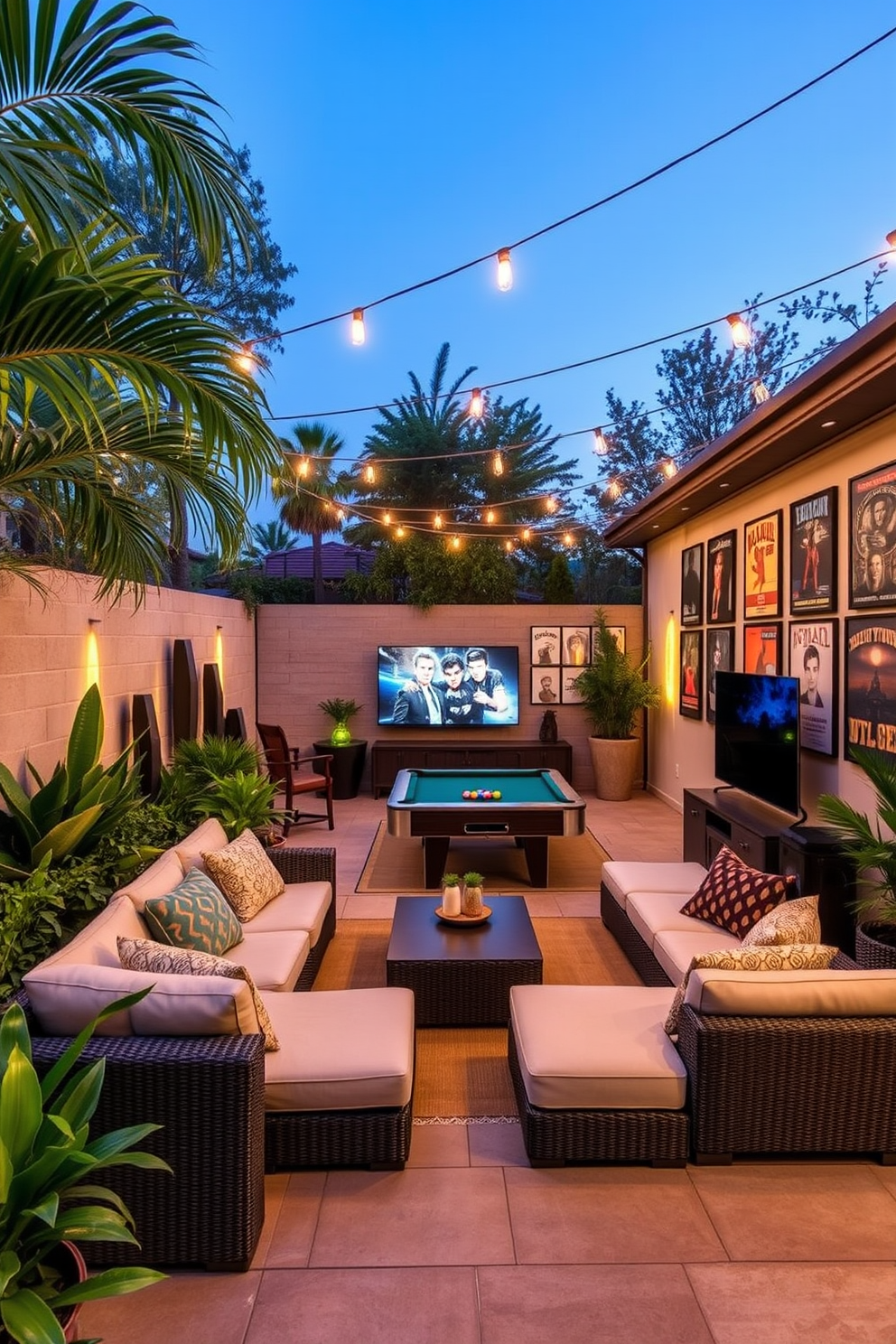 Outdoor patio for relaxation. The space features comfortable seating with plush cushions surrounded by lush greenery and soft ambient lighting. Cool Man Cave Design Ideas. The room includes a large sectional sofa facing a big screen TV, with a pool table in the corner and vintage posters adorning the walls.